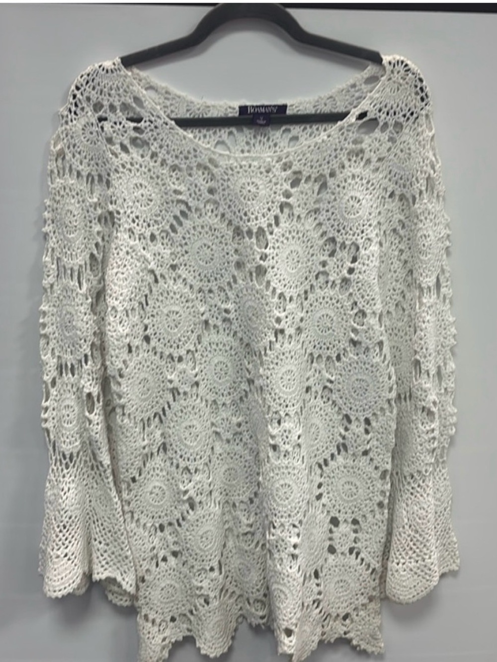 Roaman's White Crochet Knit Long-Sleeve Pullover